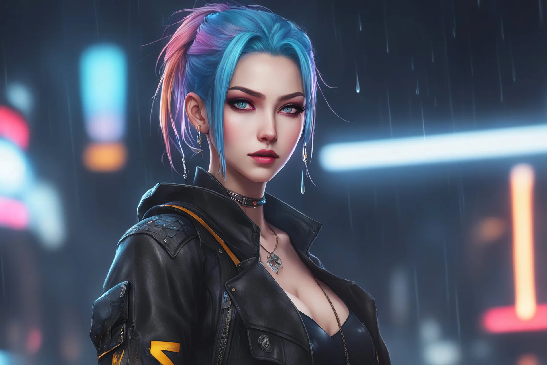 Jinx in 8k realistic anime drawing style, Dismal them, neon effect, close picture, rain, highly detailed, high details, detailed portrait, masterpiece,ultra detailed, ultra quality