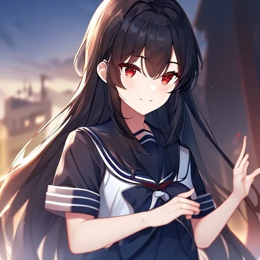 Clear focus, high resolution, black long fluffy hair, red eyes, wearing a sailor uniform, doing a evil smile