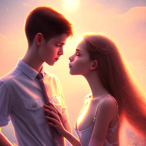 Boy and girl teens, kissing, sun, romantic, happiness, realistic, detailed