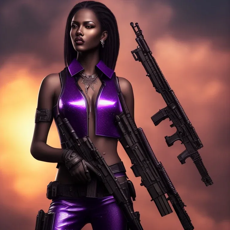 full face shot, masterpiece, best quality, dark skinned, sparkling eyes, fluorescent skin,purple-dark makeup, gangsta,armed with guns, highly detailed body, sun light, 4K, RAW, depth of field, high contrast, realistic details, 24mm