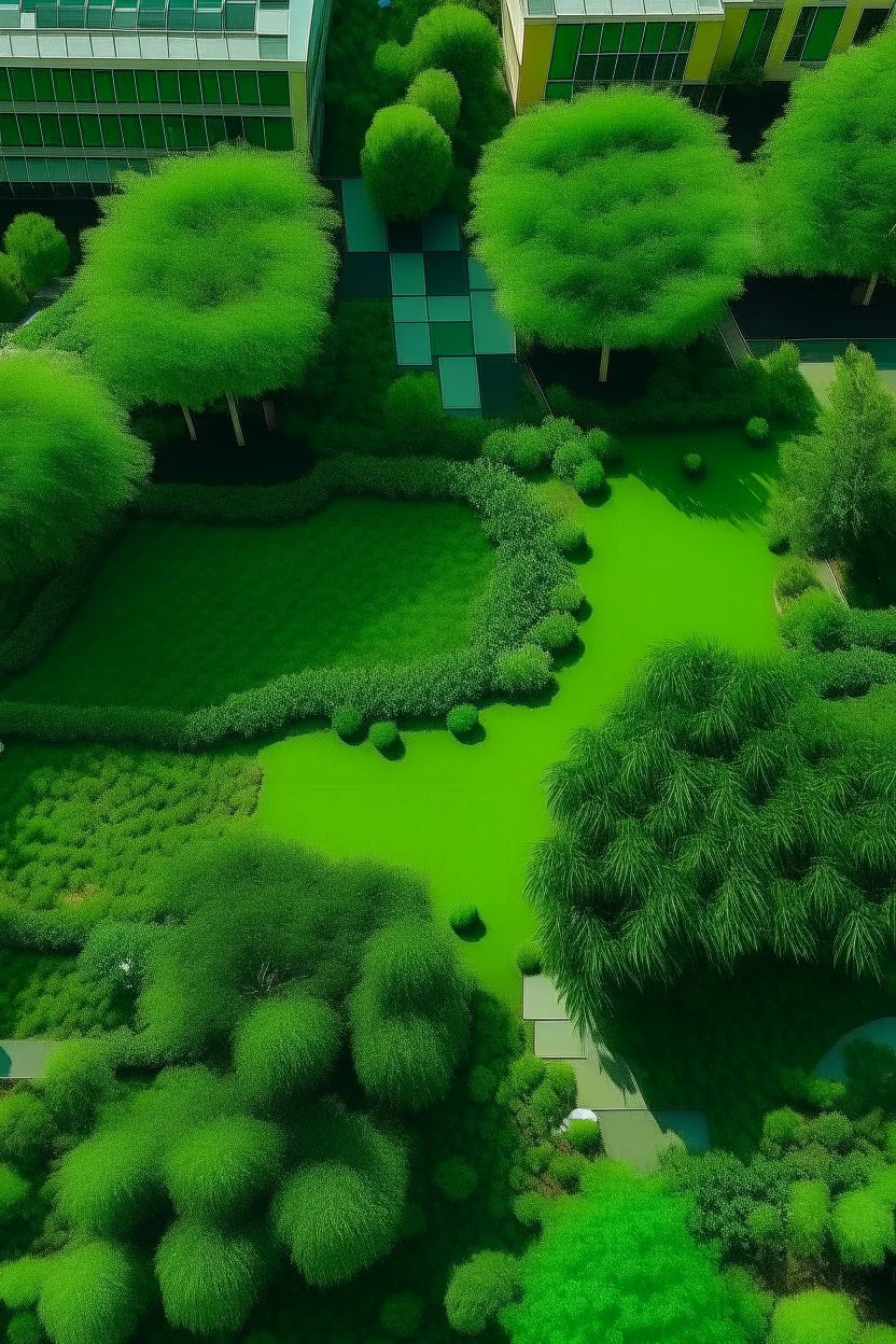 birds eye view of a green area outside a building