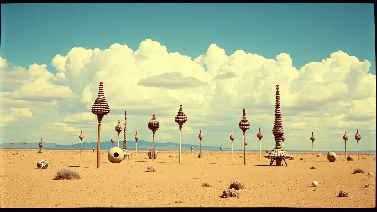 Strange spindle-shaped objects of various shapes, scattered over an arid wasteland, clouds, Max Ernst, Audubon, Amano, Walton Ford, Yves Tanguy, bright colours, polaroid, 8k, 3d, 33mm photography, well defined