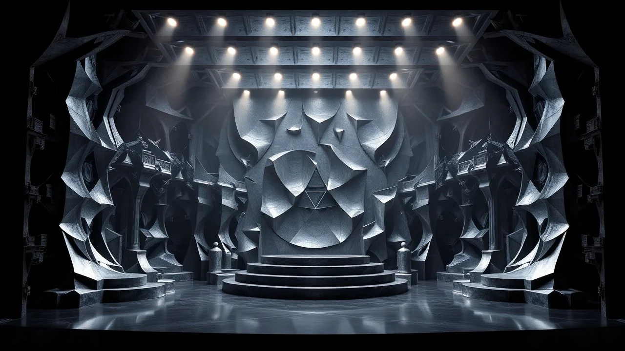 a 3d fractal stage structre made of metallic dark color 3d structures, pertty artistc background