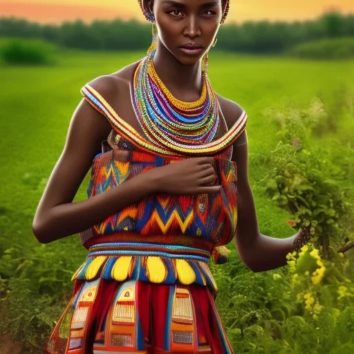 Girl with amazing Ethiopian traditional clothes in farming area playing