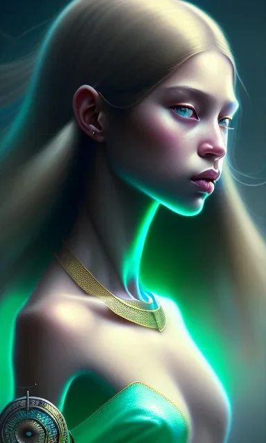 young girl, cute, beautiful, long hair, black hair, light green skin, flat nose, black eyes, big eyes, turquoise dress, head and shoulders portrait, 8k resolution concept art portrait by Greg Rutkowski, Artgerm, WLOP, Alphonse Mucha dynamic lighting hyperdetailed intricately detailed, avatar pandora