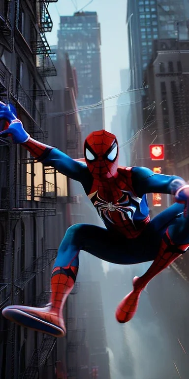 In the bustling streets of New York City, a young Spider-Man swings through the skyscrapers, a blur of red and blue as he fights to keep the city safe. Clad in his iconic spandex suit, complete with the signature spider emblem on his chest, this teenage superhero is a force to be reckoned with. He uses his spider-like powers - including superhuman strength, agility, and the ability to shoot webs from his wrists - to take down villains and protect the innocent. Whether he's swinging through the c