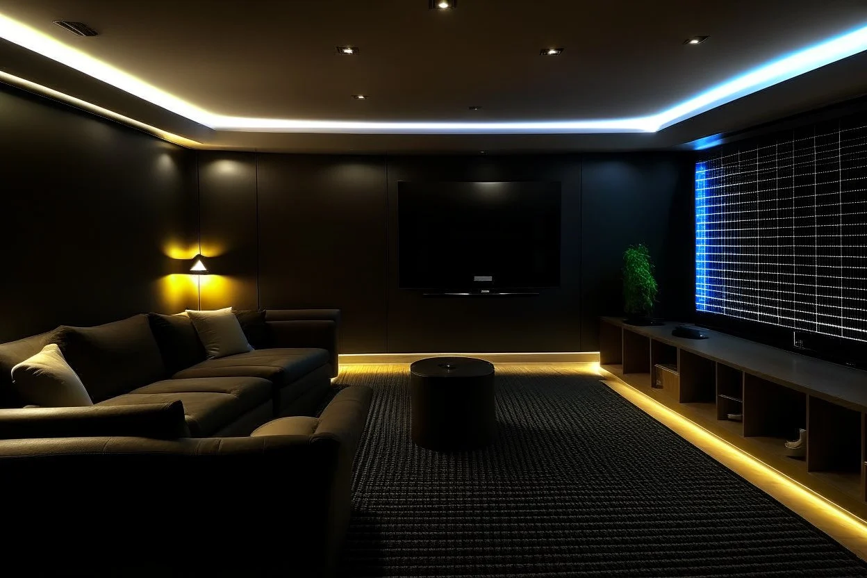 a dedicated home cinema room with LED ambient lighting in the walls