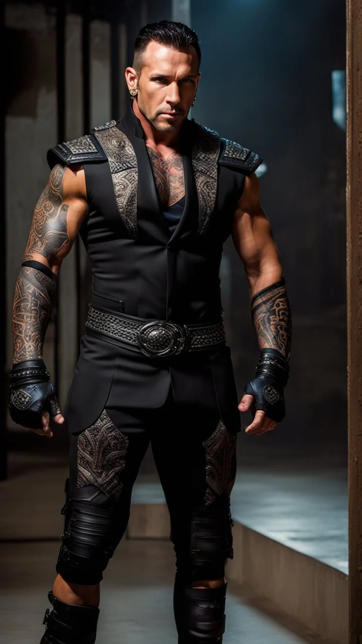 Jason David Frank Very muscular man with short hair and tribal tattoos piercings wearing a black suit , fantasy standing in a doorway