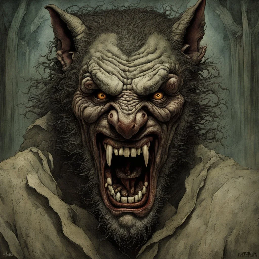 Creepy agonized man starting to transform into a werewolf, kinetic double exposure photo layering of man and werewolf, sinister horror art, by George Herriman, by Jean Baptiste Monge, by Igor Krstic, eerie dark colors, sinister, hyperdetailed, matte oil painting,.