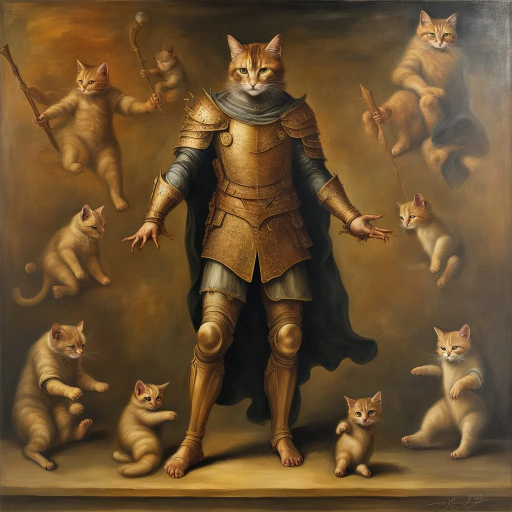 Crea la imágen de Catman, cuerpo completo, pies completos, zapatos, óleo sobre lienzo estilo Leonardo Da Vinci, espectacular, impactante, intrincado, calidad ultra, maximalista, 8k