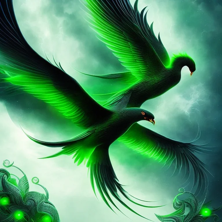 a detailed illustration of a black and green phoenix sitting on a branch of a tree, phoenix bird wallpaper, luminescent body, glinting wings, full body, symmetrical body, realistic, glowing wings, sharp focus, meticulously detailed, soft evening sky, 64k