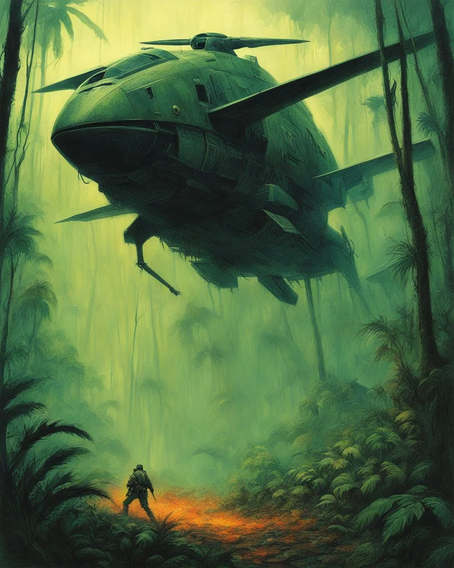 hidden predator [art by John Paul Leon and Zdzislaw Beksinski] in the jungle tactic squadron member trained to kill PREDATORS, helicopterus alien with a lot of mini guns