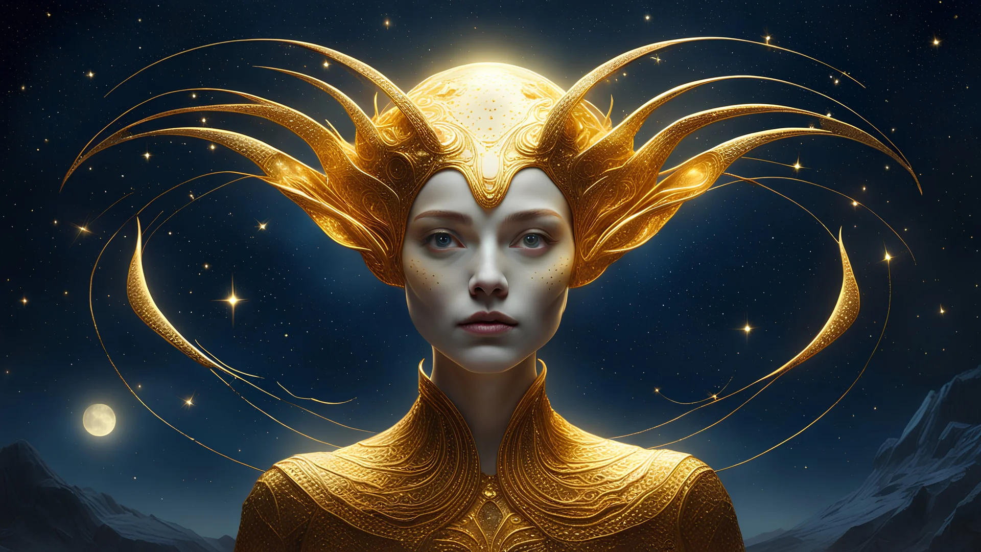 A fair-skinned woman appears on a starry night. Her eyes glow with an unearthly hue, and her antennae move delicately in the void of space. The body, shrouded in a golden aura, reflects the light of the surrounding stars. Despite her alien appearance, her beauty is almost otherworldly, conveying a sense of calm and mystery.