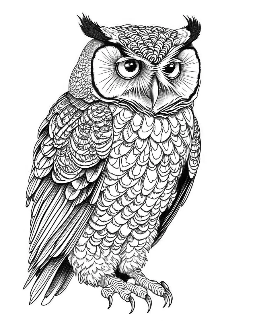 real massive Owl, coloring page, full body (((((white background))))), only use an outline., real style, line art, white color, clean line art, white background, Sketch style