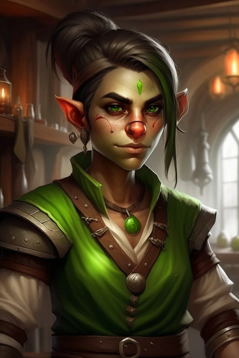 Dungeons and dragons half orc tomboy. She has green skin and pointy ears. She is kind. She is handsome. She has nice eyes. She has short hair. She is strong. She is in a tavern. Realistic style