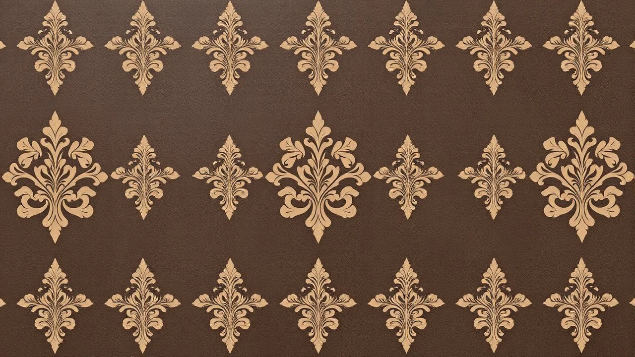 Beige Damask Pattern On Dark Brown Cement Wall.