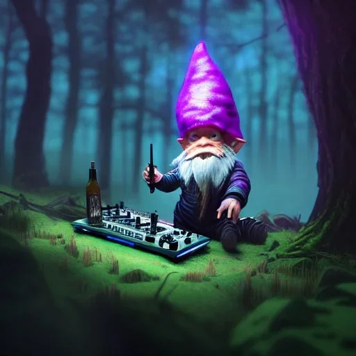 punk gnome playing dj set, magic luminous forest background, digital Art, perfect composition, beautiful detailed intricate insanely detailed octane render trending on artstation, 8 k artistic photography, photorealistic concept art, soft natural volumetric cinematic perfect light, award - winning photograph, masterpiece, raphael, caravaggio, greg rutkowski, beeple, beksinski, giger, chiaroscuro, pixar