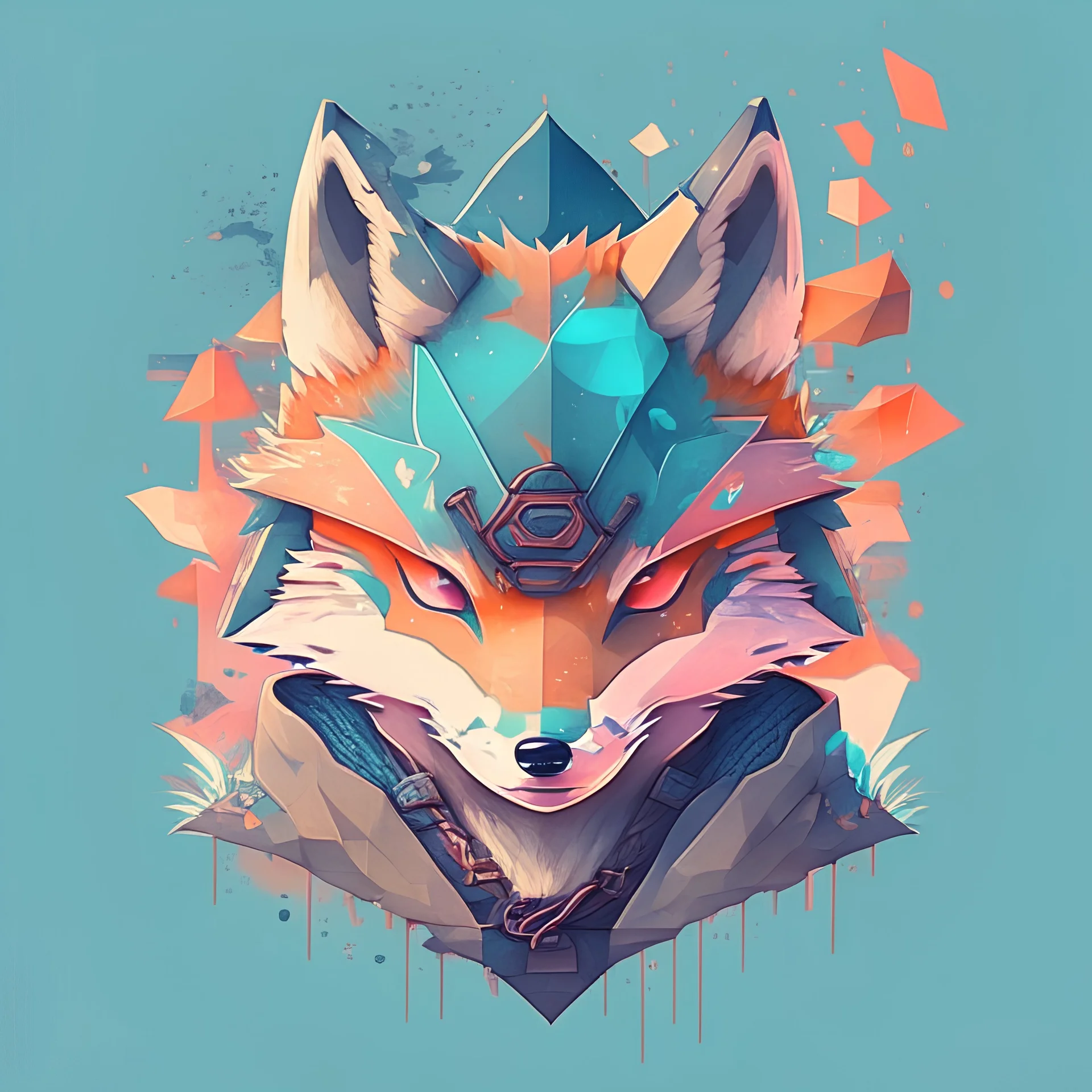 A detailed illustration face ninja wolf, fire, t-shirt design, t-shirt design, in the style of Studio Ghibli, pastel tetradic colors, 3D vector art, cute and quirky, fantasy art, watercolor effect, bokeh, Adobe Illustrator, hand-drawn, digital painting, low-poly, soft lighting, bird's-eye view, isometric style, retro aesthetic, focused on the character, 4K resolution, photorealistic rendering, using Cinema 4D, vector logo, vector art, put word "FuriuS", 2d, emblem, 2d, use pasten colors