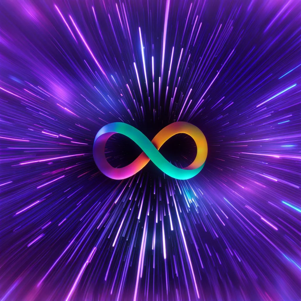 infinity symbol ∞ travelling at high velocity warp speed, in space, striking, neon, chiaroscuro, dramatic, captivating, powerful, fantasy, beautiful, octane render, 16k post-production, artstation: award-winning: atmospheric: commanding: fantastical: clarity: ultra quality: striking: brilliance: stunning colors: amazing depth; lens: f/11, 35mm