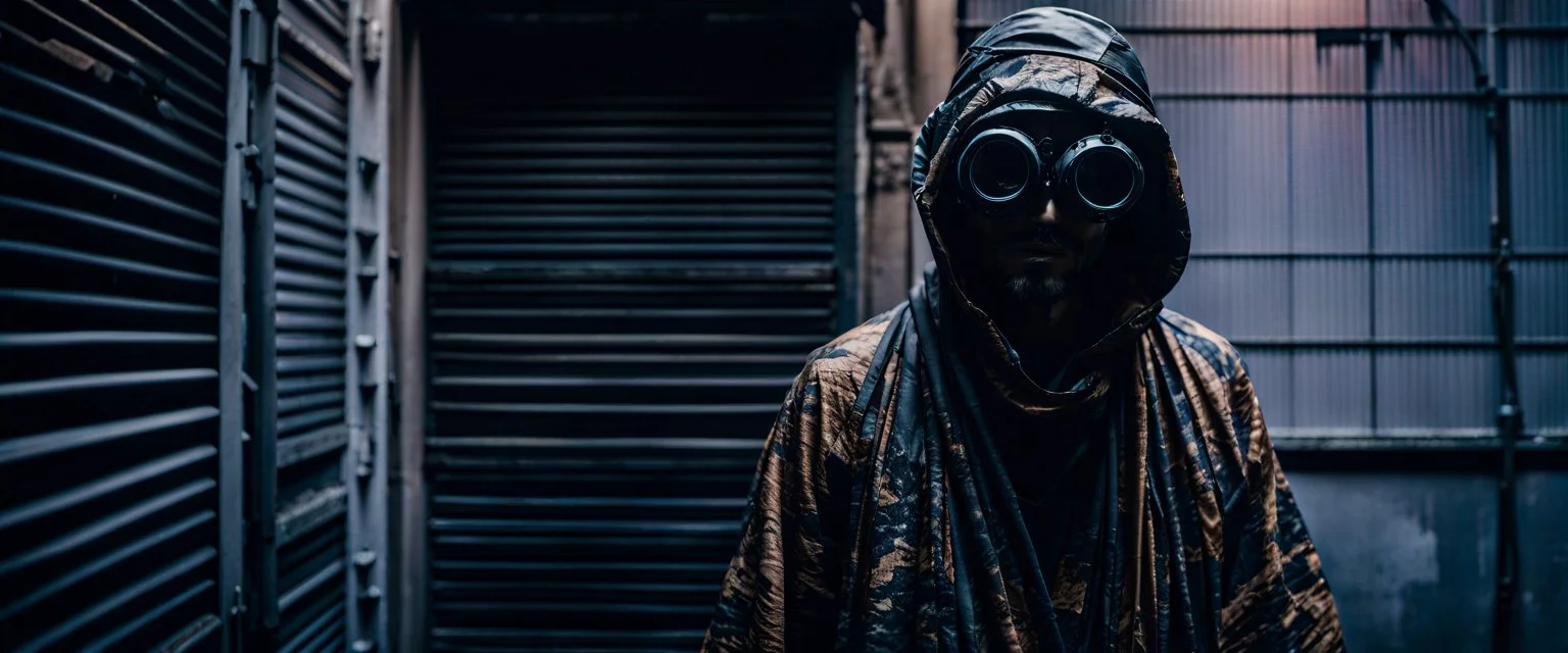 Whispers in the dark alleys of the surviving cities speak of Kai Virtuoso - the ghost in the machine. Draped in garments seamlessly integrated with camouflage tech, and goggles perpetually projecting data streams before his eyes, imperfection, natural lighting, cinematic, Fuji Film, Anamorphic lens, 2040s, deep depth of field, Solarpunk