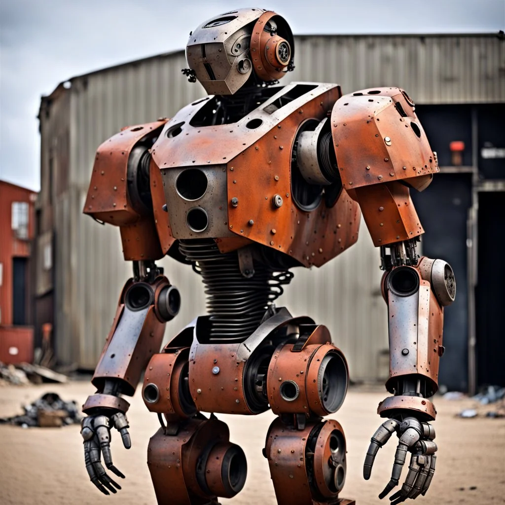 trash mech suit, human-sized, made of scrap metal, small, cockpit, light rust, round