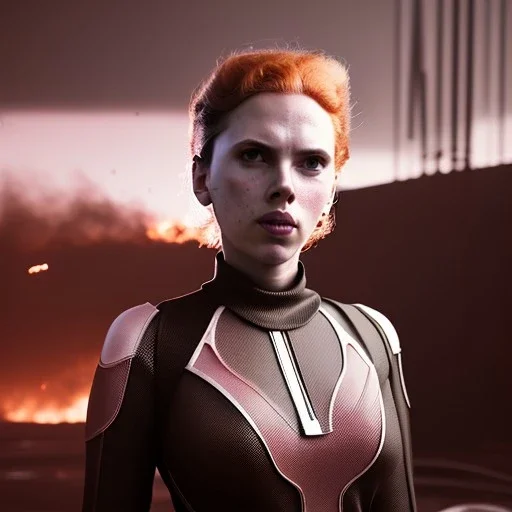 retro sci-fi portrait image from 1960, supermarket parking explosion, fire, classic black widow, young Scarlett Johansson, tight lycra suit, soft color, highly detailed, unreal engine 5, ray tracing, RTX, lumen lighting, ultra detail, volumetric lighting, 3d, finely drawn, high definition, high resolution.