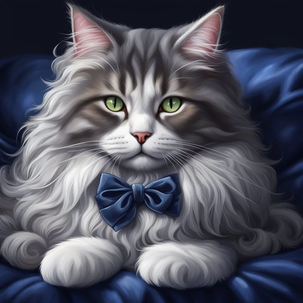 A Main Coon cat gray and white on a midnight blue velvet pillow and wearing a berry bow around her neck. Illustrative art, art interpretation, concept art, cgsociety contest winner, seasonal art, seasonal art HD, 4k, 8k, intricate, detailed, intricately detailed, luminous, translucent fantasy crystal, holographic data, soft body, shadow play, light, fog, atmospheric, cinematic, light film, hyper-detailed, hyper-realistic, masterpiece, atmospheric, high resolution, 8k, HDR, 500px, mysterious and