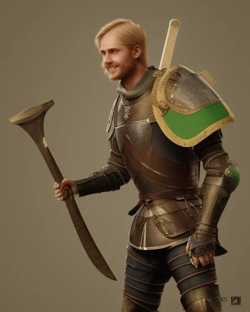 medieval warrior with short blond hair, blue eyes and wide warm smile holding a two-handed axe wearing brown and green clothes