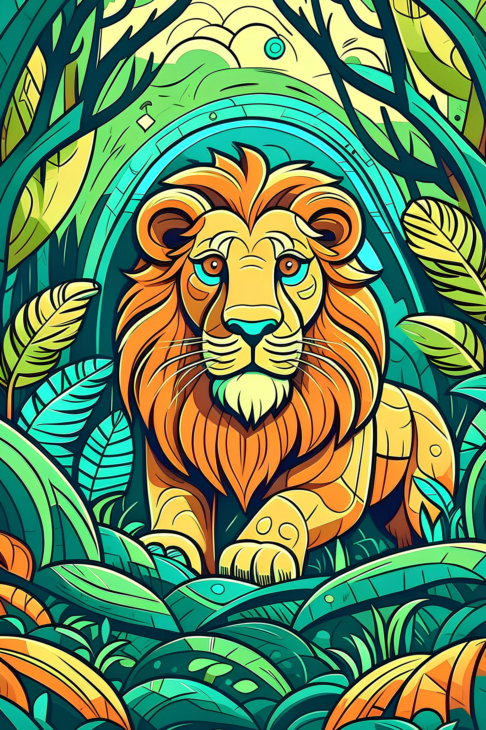 Lion in a jungle, cartoon style, thick lines, vivid details, --ar 9:11