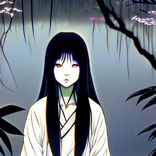 Sadako Yamamura (Ringu, 1998) ; screenshot, Dark Foggy Georgeous Horror Dark Fantasy Art by James Bousema, digital illustration, evil,wild, cold stare ,photo-realistic, 32K,dynamic colors,high details,high definition,crystal clear image,aspect ratio 33:1,DIGITAL ILLUSTRATION by James Bousema Modifiers: Nikon D850 elegant Award winning photography fantasy photorealistic very attractive