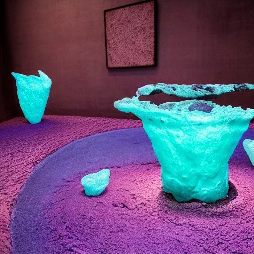 fictional archeology sculptures ,mysterious materiality,bioluminescence, interior design,media division, Static Mythologies, Amsterdam, GALERIE RON MANDOS ,refined details,utopic environment,Broken Glass Sculptures, zen garden backround ,pink Dior , masterpieces of designer Daniel Arsham