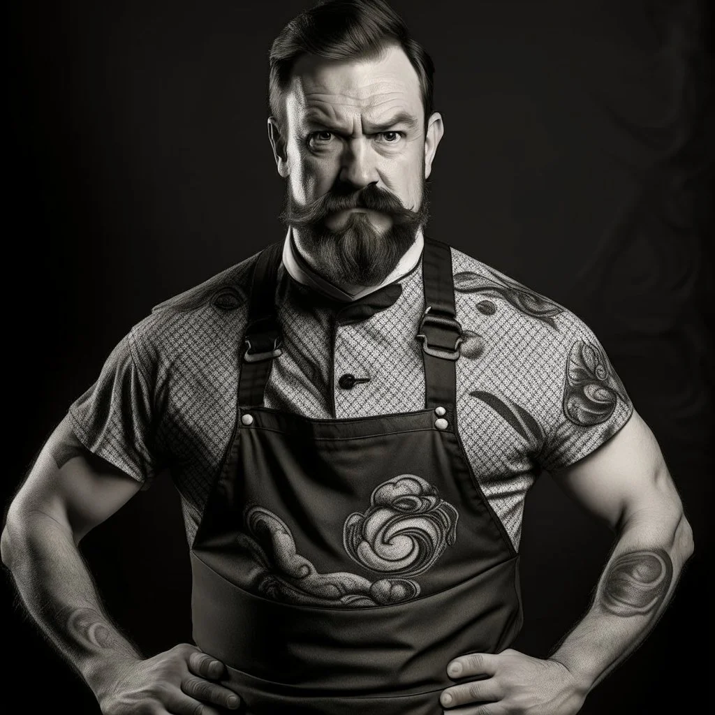 muscular man with apron and mutton chops