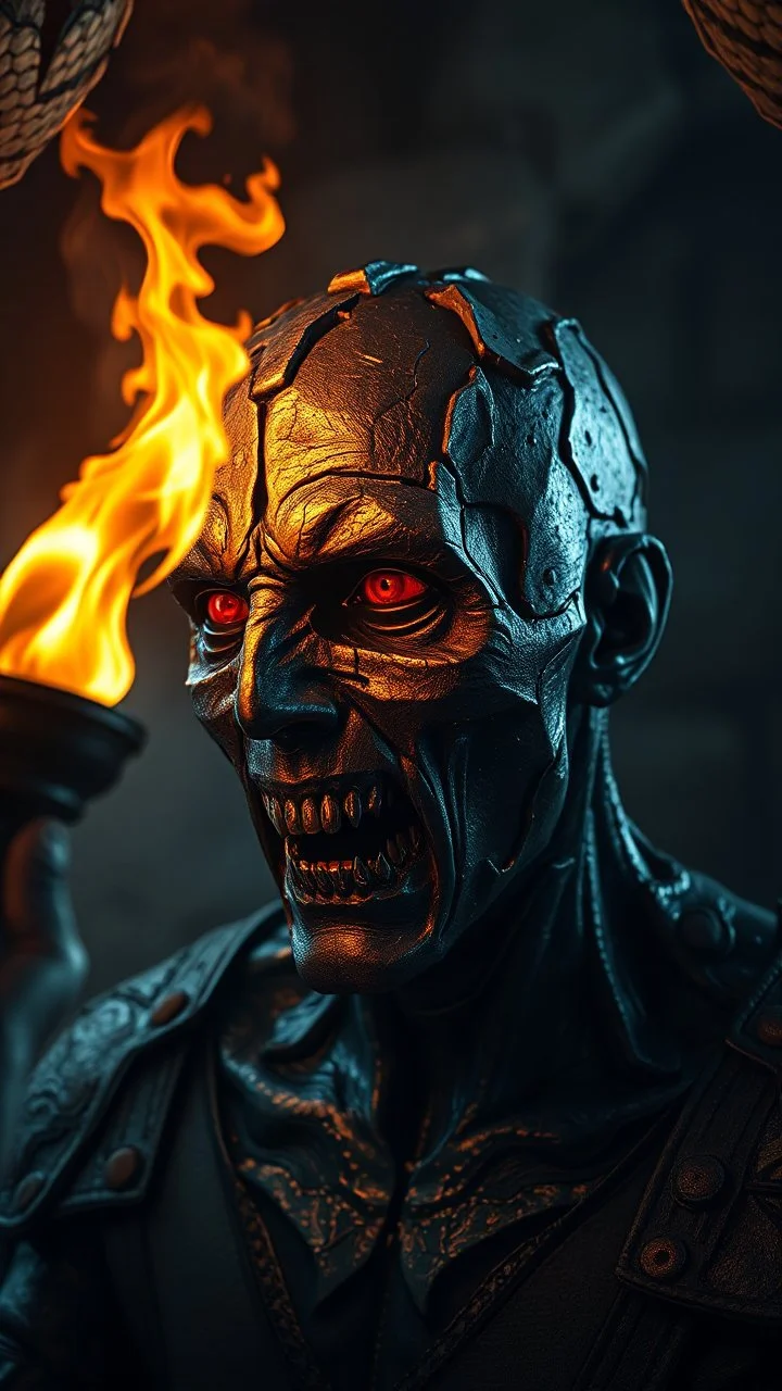 Busch painting style nightmare, a zoomed view man his head is a broken metallic skin texture in a 3d rendering full-height image of a grim and dark scene. Ensure the final images exhibit the utmost quality, with the play of a torch-lit dungeon encompassing 4K, 8K, and 64K resolutions, with 3D rendering that manifests in photorealistic, hyperrealistic, and highly detailed representations. Employ techniques such as HDR, UHD,