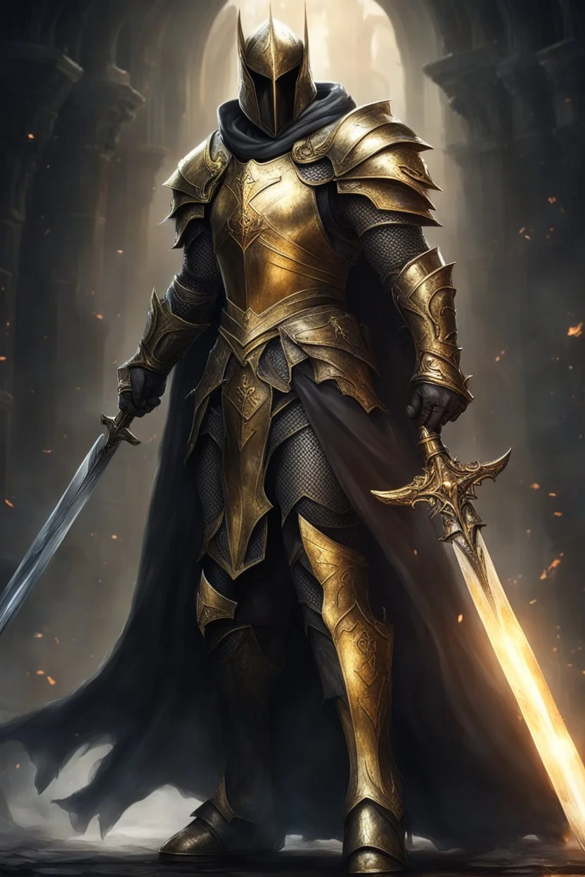 photorealistic holy knight paladin in darkly gold armor and a cape wielding a greatsword in abyss