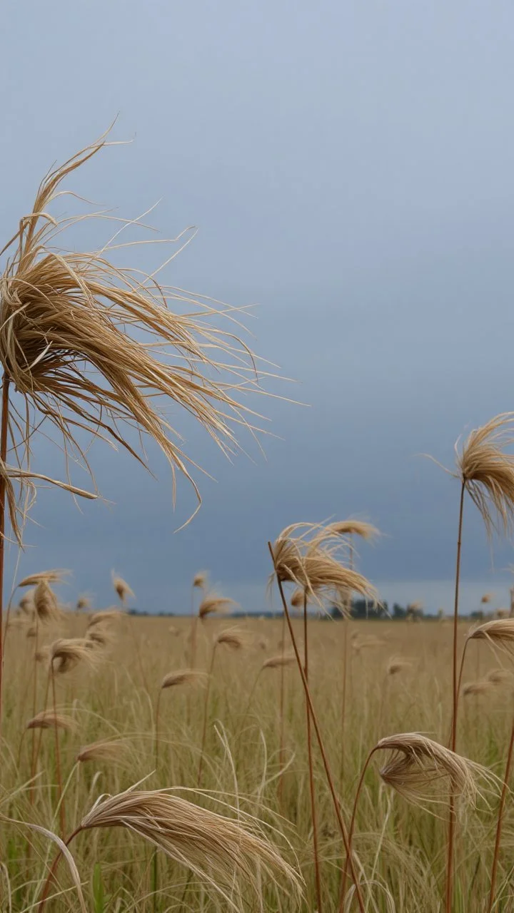 Windblown grass branches in the field with storm and winds