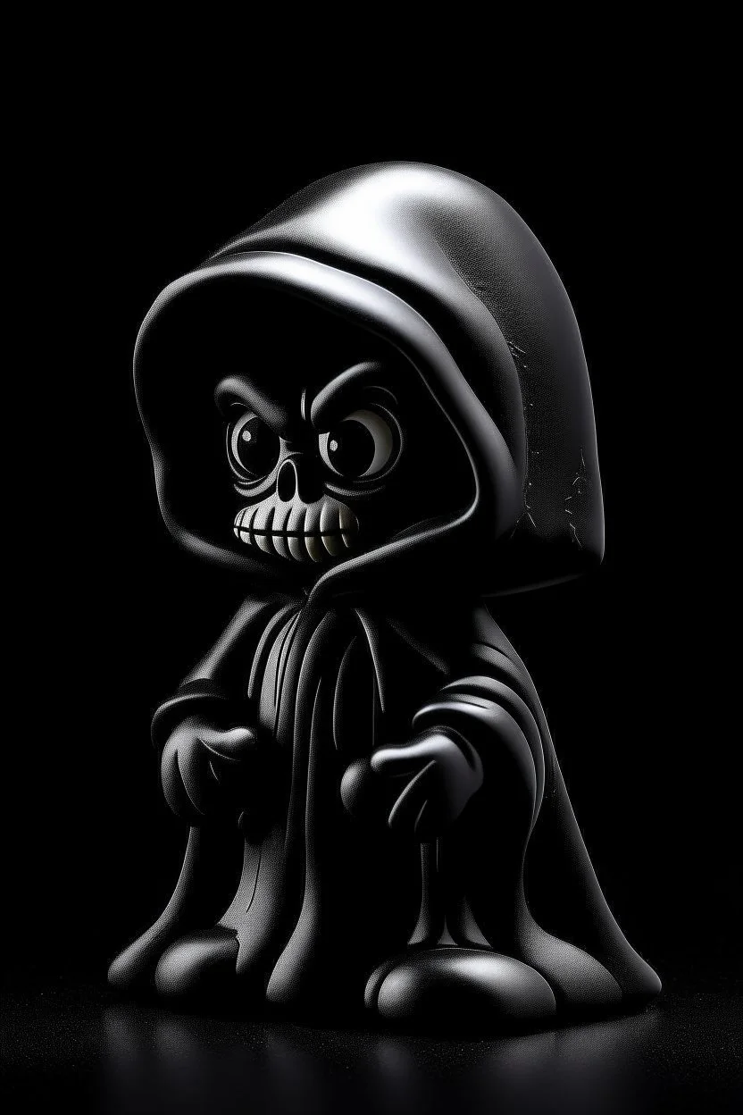 1950s goofy vinyl toy of skull face character wearing a black hooded cloak, drawn in a early animation rubber hose animation style, inside a diamond shape on a black background, monochromatic