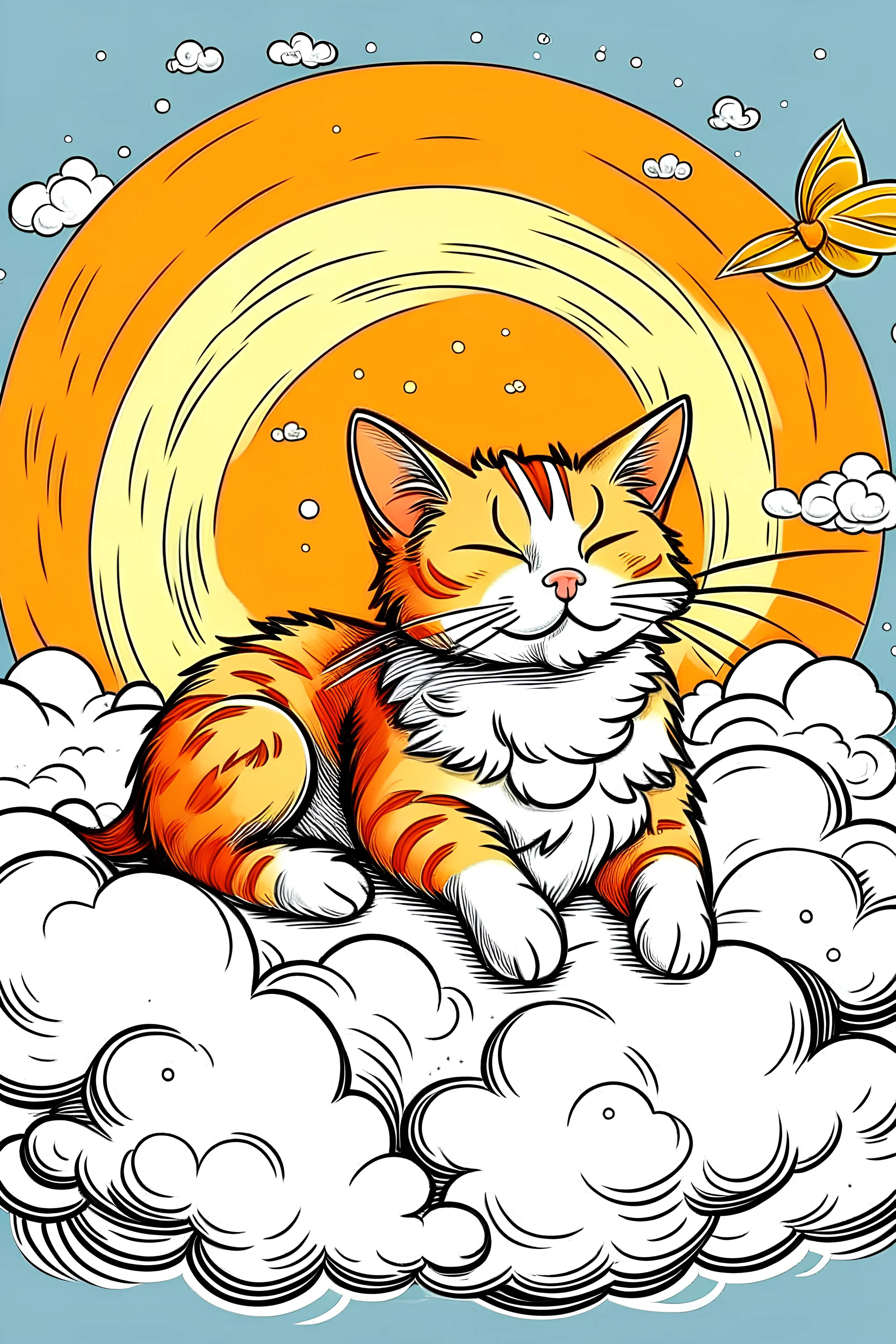 orange cat with stripes in heaven with wings and a halo sleeping on a cloud comic art style A4 format