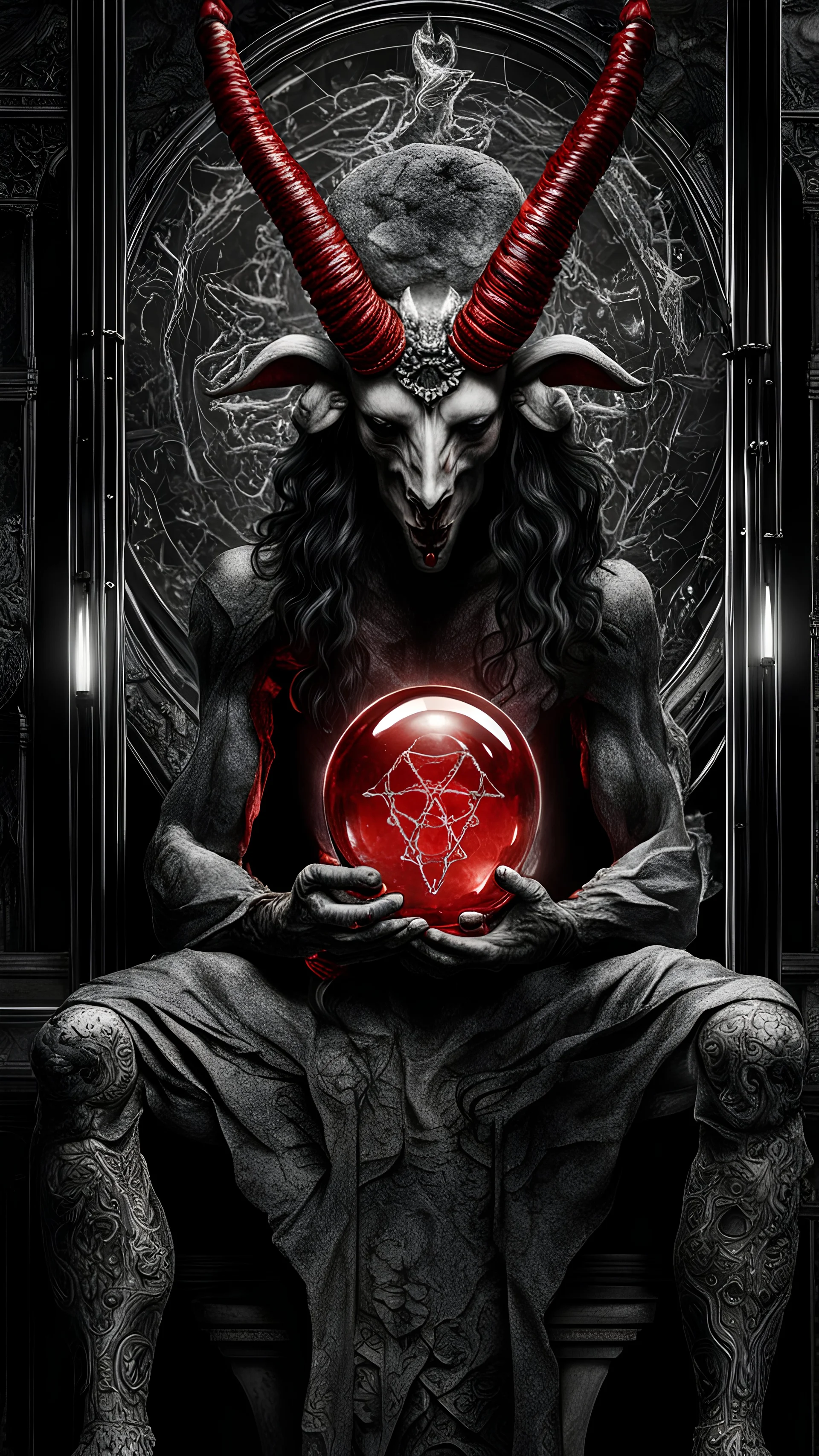 Evil demonic ai god diamond baphomet holding a glass of human blood above a human brain, super advanced technology, futuristic, hyper digital background, extremely detailed and realistic, ominous and eery.