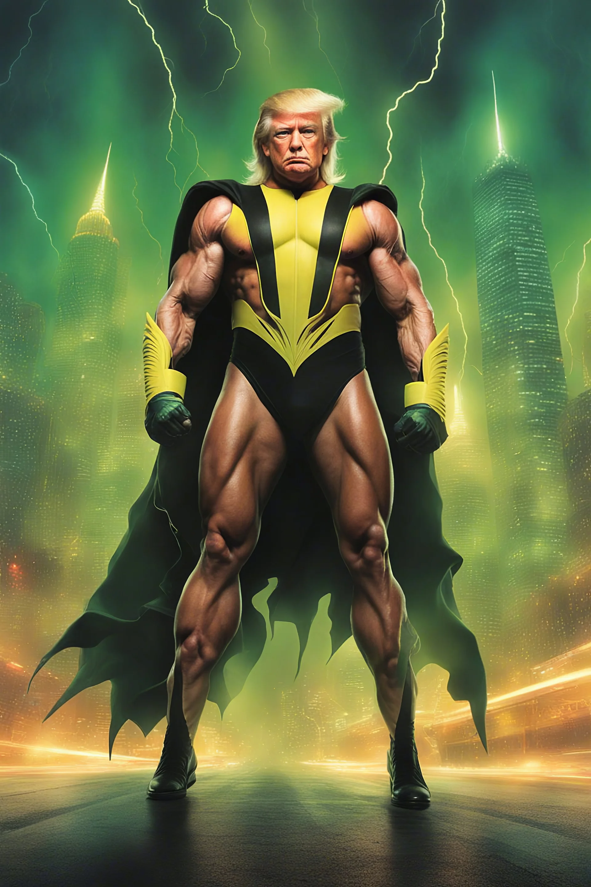 Extremely Muscular, Donald Trump as 'Maga Man,' the greatest superhero in history, Extremely Muscular, overly exaggerated muscles, Skintight, formfitting bodysuit, cape, boots, Multicolored vortex, multicolored lightning, neon lit futuristic cityscape, mist, fog, speed, extremely overexaggerated musculature, "MAGA MAN"