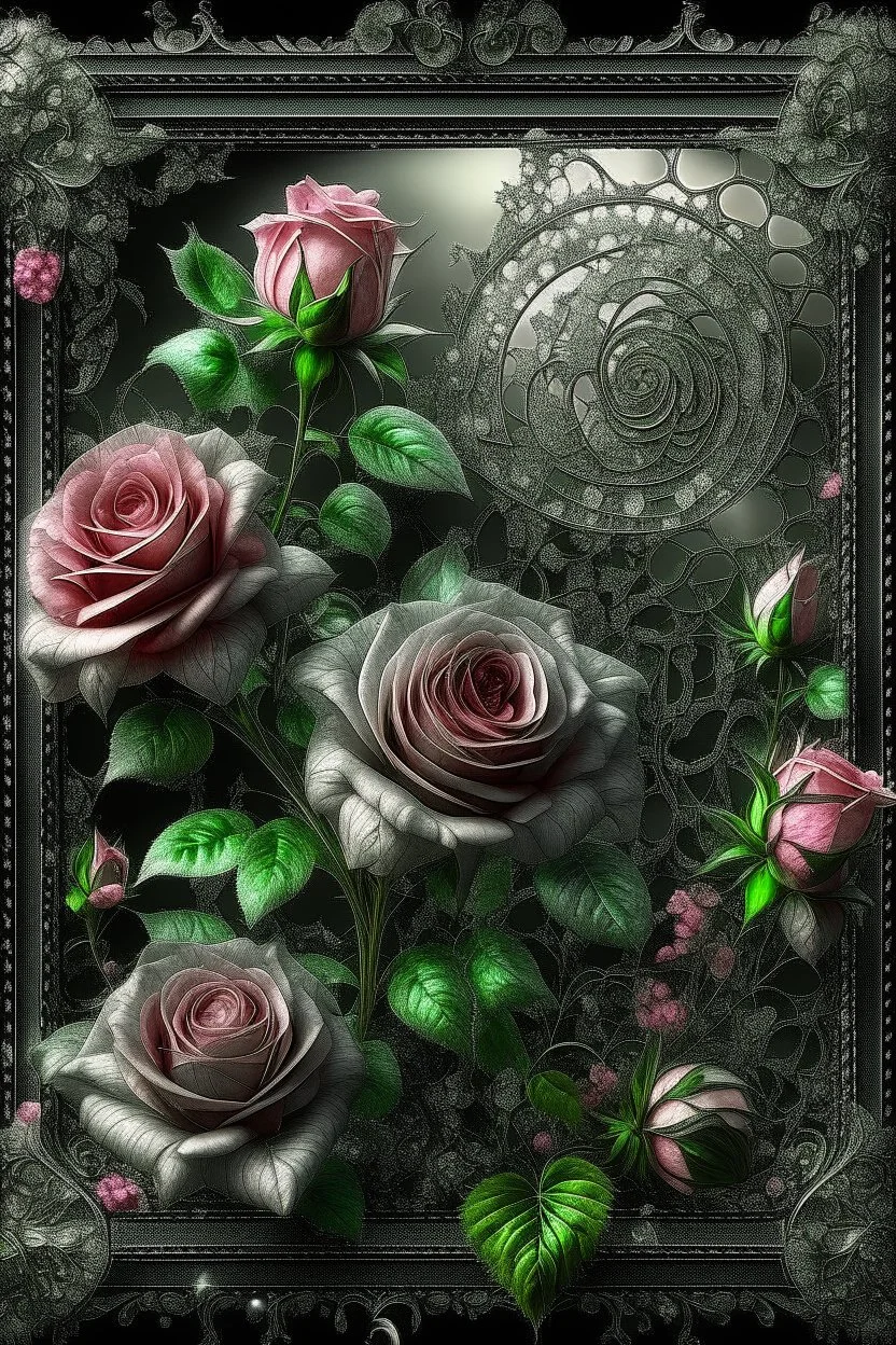 beautiful landscape elegant blooming pink roses and daisies, lots of greenery, sequins, dew filigree, smoke fractal, spiral space outside the window, hyperrealism, glitter, glare, hyperdetalization. vintage, inlaid outline in black pencil, aesthetically pleasing, beautiful, realistic, high resolution, high detail