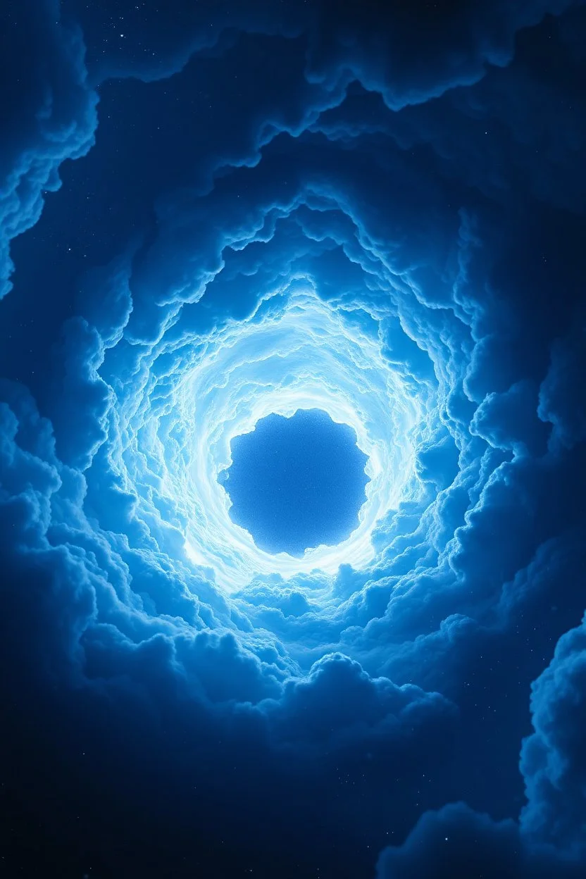 Intense cold blue Hole explosion in deep space. Wormhole apocalypse wipes out Universe. Cold blue cloudy hole collision explodes in outer space. Epic galaxy with growing black hole. Cinematic interstellar