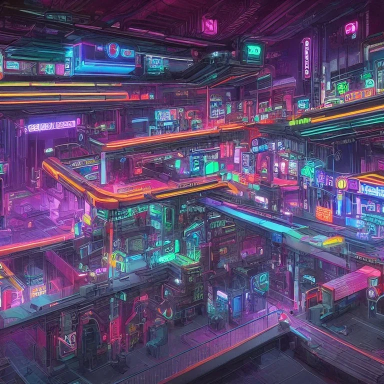 cyberpunk neon train station