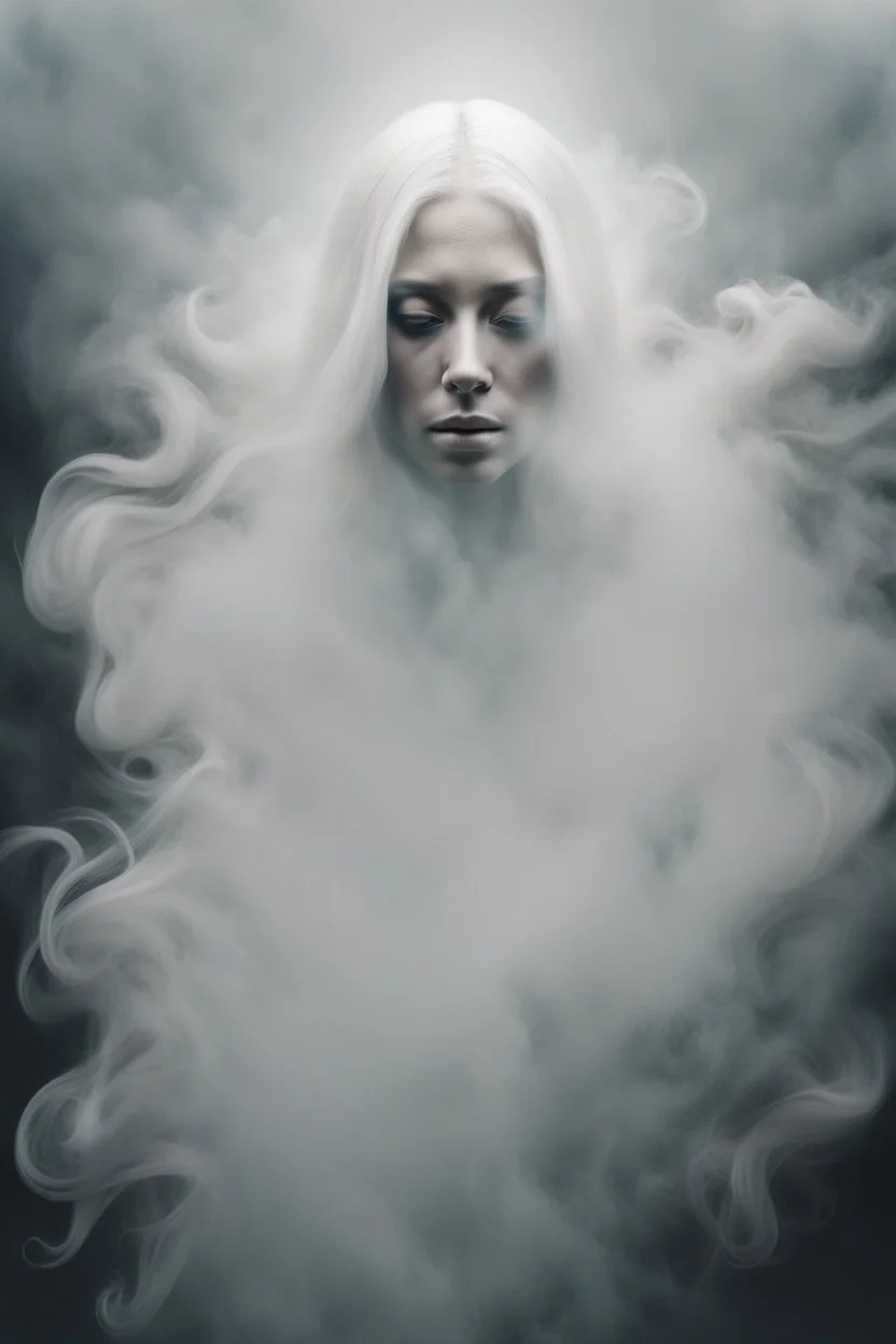 translucent female face barely visible from very dense white smoke and fog, translucent ghost-like face with lots of white hair, lots of fog in the background, surreal style