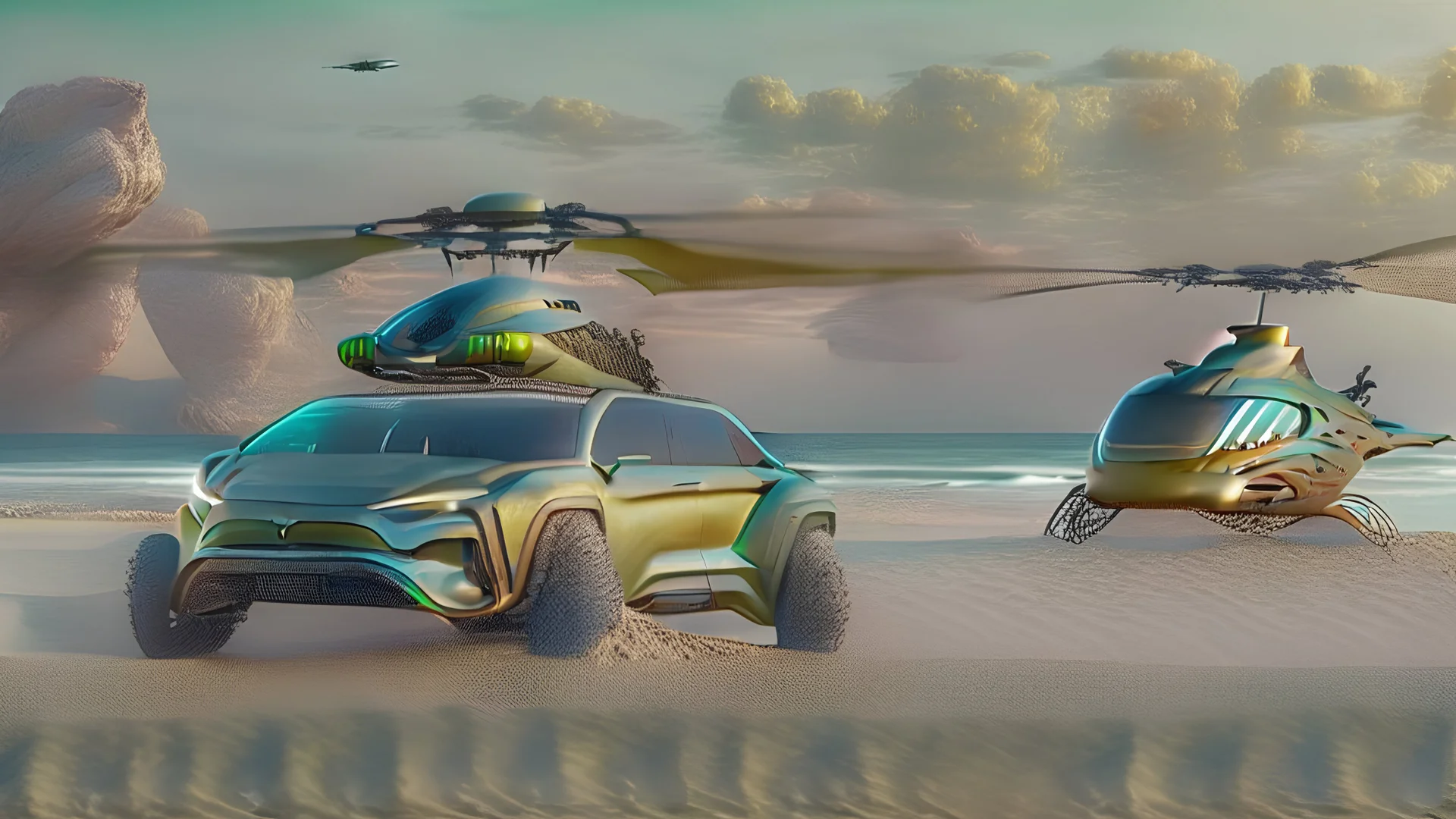 Create a luxury lifestyle futuristic scenery of a beach. All luxury private transport are parked for the show in a single picture. The image is described as follows: - Helicopter, private jet, jet man flying in air. - Cars, motorcycles are parked in front near on the land. - Jet ski, submarine, motorboat is floating in front of the water. - A mega yacht is parked in a distant. - Add faraway island behind the mega yacht. The photo should give a luxury vibe. HD image. 1080 P.