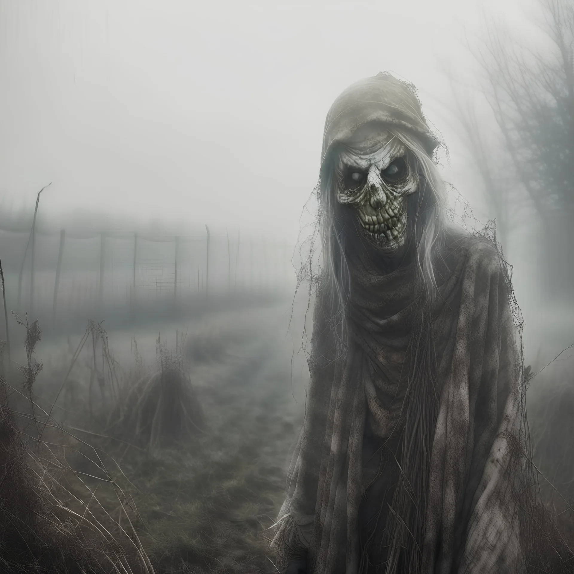 Countryside, morning, foggy. Gritty, raw portrait photo of obscene filthy demons and ghosts with creepy face, eerily mysterious, grainy, intricate patterns, details of the skin extremely accentuated