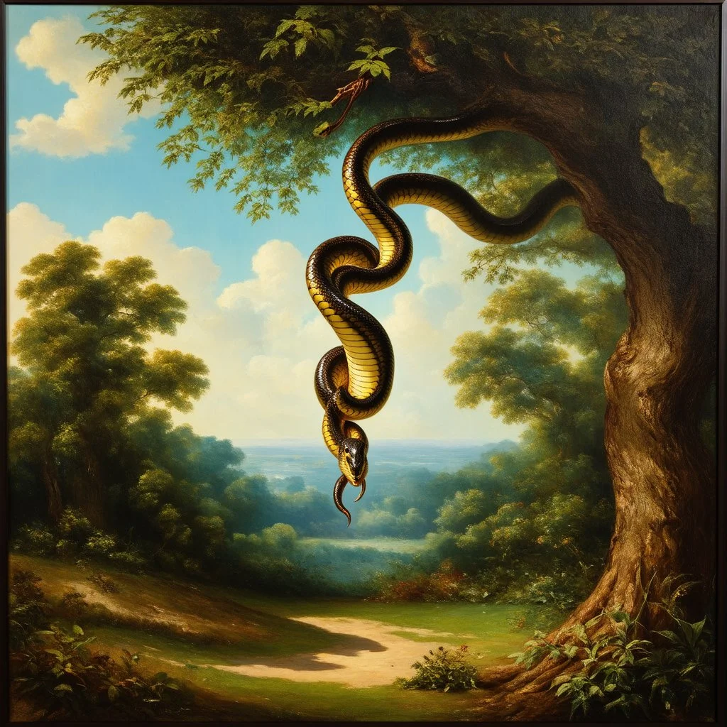 Serpent in the garden of Eden hanging from branch of the tree of knowledge. Sinister, profound, grand, expansive, and fantastical atmosphere of EDEN, matte oil Renaissance painting, by Bosch and Botticelli, classic ecclesiastical painting, looks aged