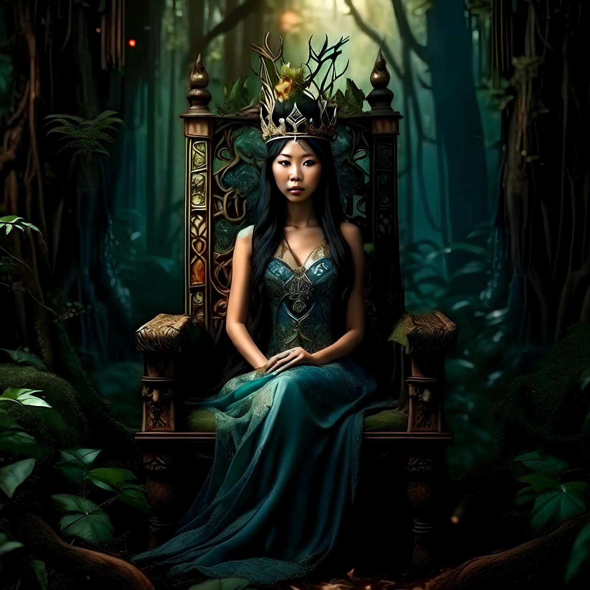 A beautiful as a model asian woodland elf princess who looks like Lucy Liu seated on a throne in a mystical forest