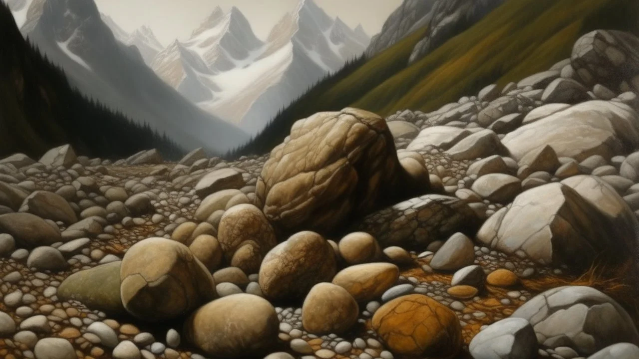 Brown alps with stones painted by Zhang Lu