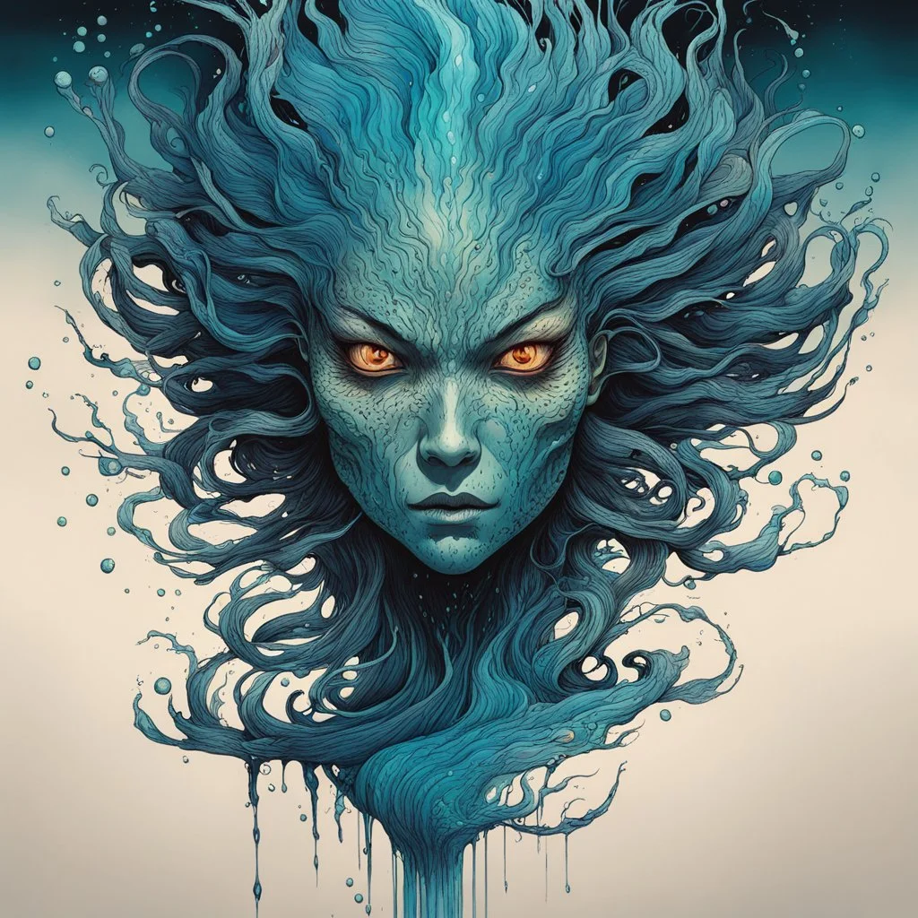 front facing full body illustration of a malevolent shape shifting female Funayurei water spirit with highly detailed facial features and skin textures, in the style of Alex Pardee , Jean Giraud Moebius, and Katsushika Hokusai, highly detailed, boldly inked, deep murky aquatic color