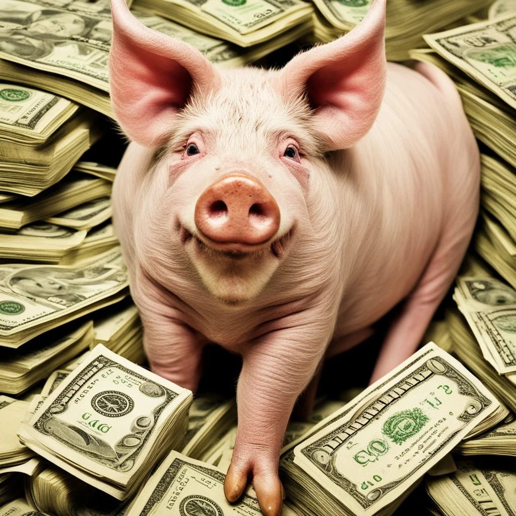 cloven foot of a swine lying on stacks of money